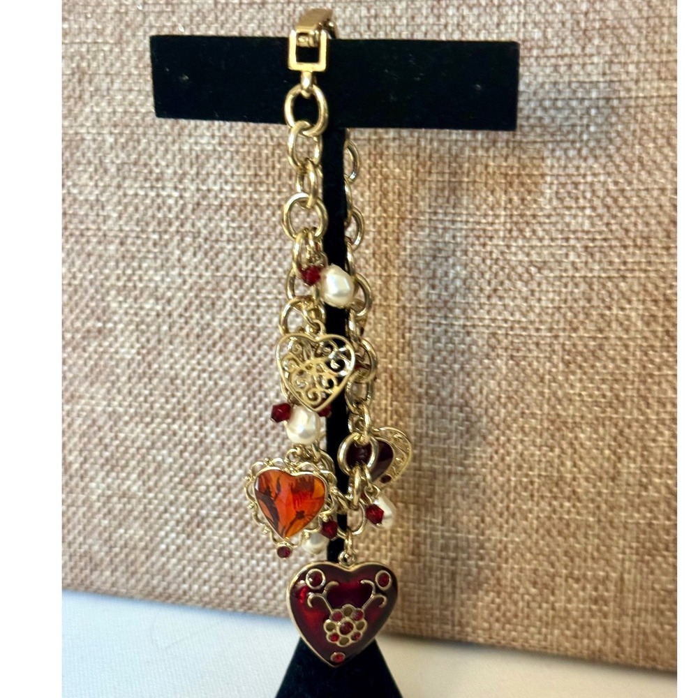 Gold Tone Heart Charm Bracelet Red Enamel Pearl Dangle Romantic Coquette